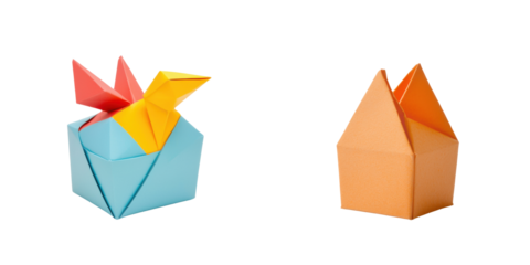 Minimal compact packaging. Colorful origami models shaped like a bird and a house, showcasing intricate folding techniques and vibrant hues.