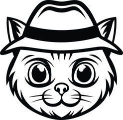 Cute cat face wearing a cap line art vector, Black color Cute cat face wearing a cap silhouette vector illustration, Cute cat face wearing a cap vector icon design