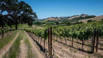 Fototapeta premium Scenic Vineyard Landscape Under Bright Blue Sky with Lush Green Grapevines and Rolling Hills