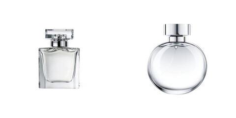 Minimal compact packaging. Two elegant perfume bottles with distinctive shapes showcasing their sleek designs.