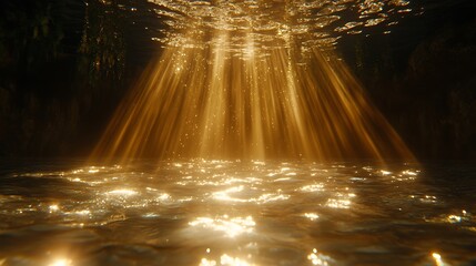 Ethereal underwater scene with golden rays illuminating the serene water surface, creating a tranquil atmosphere