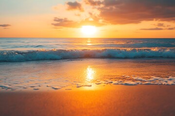 Golden Sunset Ocean Wave on Sandy Beach