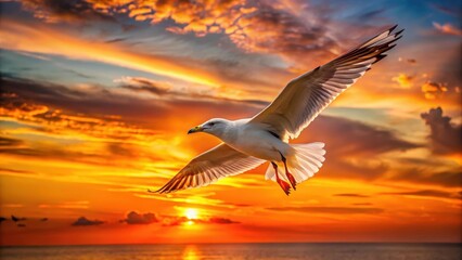 A majestic seabird soars gracefully against a vibrant sunset, wings outstretched in a breathtaking display of freedom and natural beauty