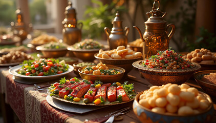 A lavish spread of traditional Middle Eastern cuisine is beautifully arranged on a table, featuring an array of colorful dishes and ornate serving pieces.
