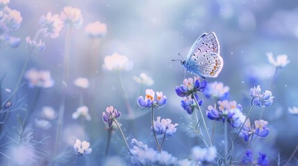 A dreamy close-up of wild chamomile and purple pea flowers with a butterfly resting in the soft morning haze, set in a cool blue-toned landscape.

