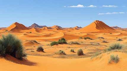 Expansive view of orange sand dunes under a clear blue sky with sparse vegetation in the foreground