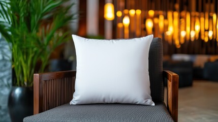 Obraz premium A cozy white pillow resting on a stylish wooden chair in a modern, softly lit lounge area