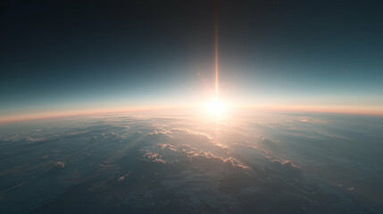 Sunrise over planet, cloudscape, atmospheric perspective, space exploration, background for science fiction