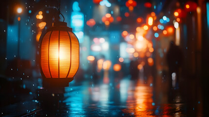 lantern in a dark street with blurred bokeh lights creating a cinematic mood 