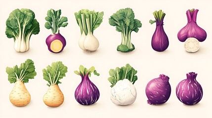 A stylish set of exotic vegetable illustrations, featuring neatly arranged vector icons of taro, kohlrabi, purple sweet potatoes, and cassava. Minimalist and elegant,