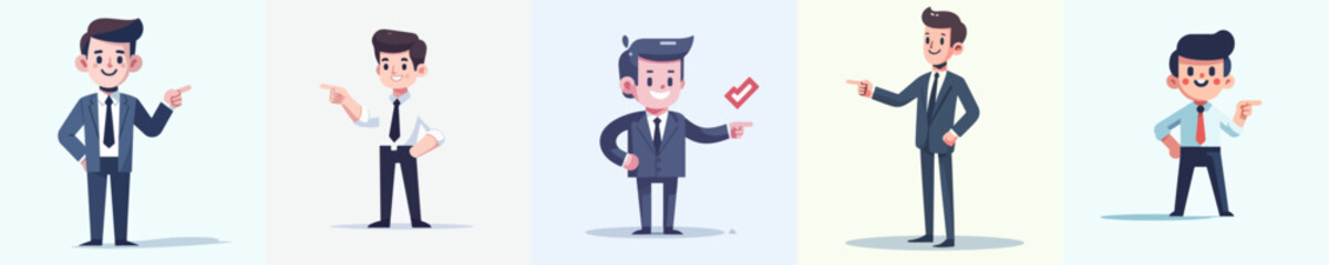 A vector representation of a businessman standing and smiling while pointing forward, created in a flat design style that is simple and minimalist, set against a plain white background.