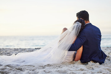 Wedding, hug and back of couple on beach for celebration, ceremony and marriage outdoors. Love,...