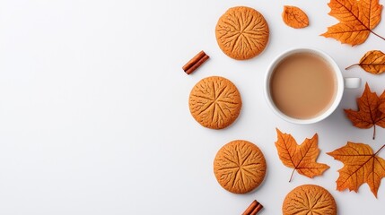 Flat lay of a coffee cup, pumpkin cookies, and maple leaves, minimalistic design, cozy autumn palette, isolated on white background