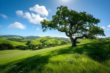 Fototapeta premium Majestic Oak Tree in Serene Green Meadow with Rolling Hills and Clear Blue Sky