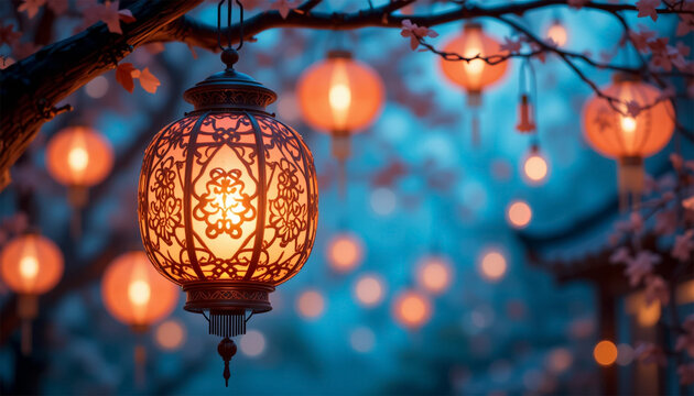 A serene night scene featuring intricately designed lanterns hanging from branches, casting a warm glow against a soft blue backdrop. The blurred lights and delicate blossoms create a tranquil and enc