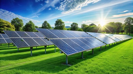 Solar Panel Array in a Lush Green Meadow Under a Bright Sunny Sky
