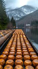 Stacked Logs On Floating Raft In Mountain Lake