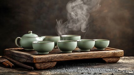 Fototapeta premium Steam Rising from Green Tea Set on Wooden Tray with Teapot and Teacups in Cozy Setting