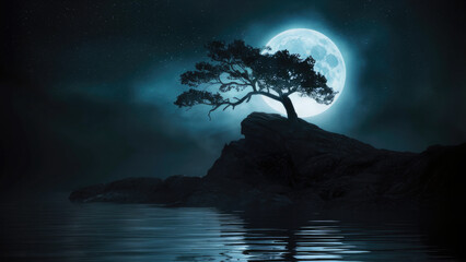 Surreal fantasy landscape with tree on a rock under a glowing full moon.
