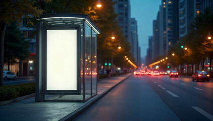 A modern glass bus stop shelter, with billboard is brightly illuminated but currently blank, making it an ideal space for potential advertisements or digital displays.