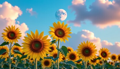Fototapeta premium Sunflowers bloom under a vibrant sky with a full moon and clouds during sunset