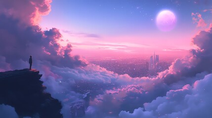 A serene landscape featuring a figure on a cliff, overlooking a vibrant sky filled with clouds, a distant city, and a large celestial body.