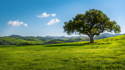 Majestic Oak Tree in Serene Green Meadow with Rolling Hills and Clear Blue Sky