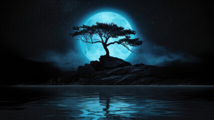 Surreal fantasy landscape with tree on a rock under a glowing full moon.