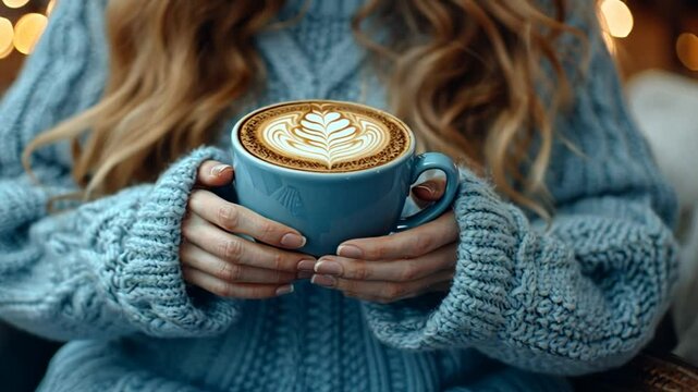 Woman holding latte art coffee, cozy sweater, warm interior