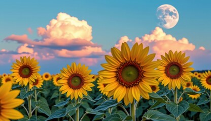 Obraz premium Sunflowers bloom under a vibrant sky with a full moon and clouds during sunset