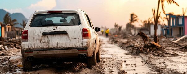 A car stuck in a muddy road, highlighting the challenges of driving in adverse weather conditions