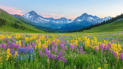 Fototapeta premium Vibrant mountain meadow filled with colorful wildflowers surrounded by majestic mountain peaks