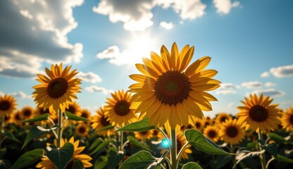 Obraz premium Sunflowers bloom under a vibrant sky with a full moon and clouds during sunset