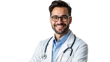 Fototapeta premium Smiling male doctor portrait with stethoscope, transparent coat, and glasses. Professional medical professional. Isolated on transparent background. Healthcare, trustworthy.
