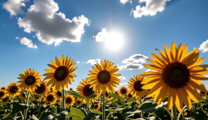 Obraz premium Sunflowers bloom under a vibrant sky with a full moon and clouds during sunset