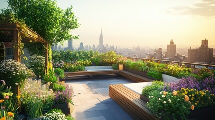 Obraz premium Rooftop Garden Oasis Cityscape View