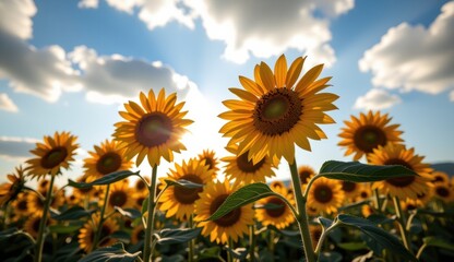 Sunflowers bloom under a vibrant sky with a full moon and clouds during sunset