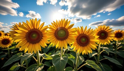 Fototapeta premium Sunflowers bloom under a vibrant sky with a full moon and clouds during sunset