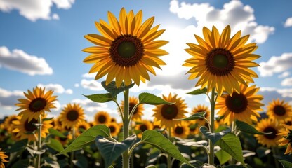 Fototapeta premium Sunflowers bloom under a vibrant sky with a full moon and clouds during sunset