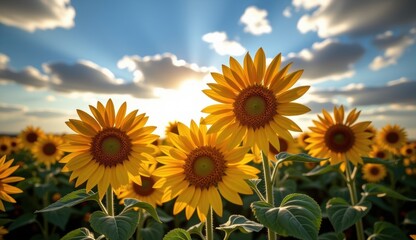 Fototapeta premium Sunflowers bloom under a vibrant sky with a full moon and clouds during sunset