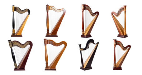 Collection of Elegant Harps Showcasing Various Designs and Finishes, isolated on transparent background