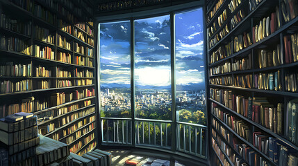 Obraz premium Sunlit City View from a Large Library Room