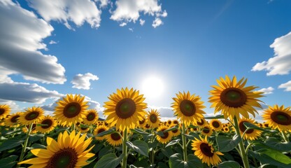 Fototapeta premium Sunflowers bloom under a vibrant sky with a full moon and clouds during sunset