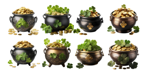 Festive Pots of Gold with Shamrocks,PNG set collection, isolated on transparent background