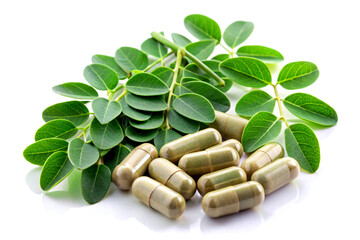 Moringa leaves and capsules on a white background. Herbal medicine. Generative AI