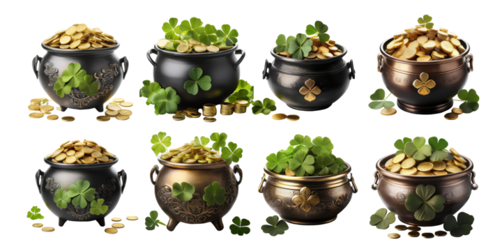 Festive Pots of Gold with Shamrocks,PNG set collection, isolated on transparent background