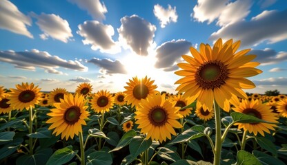 Obraz premium Sunflowers bloom under a vibrant sky with a full moon and clouds during sunset