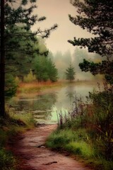 Misty Forest Lake Path
