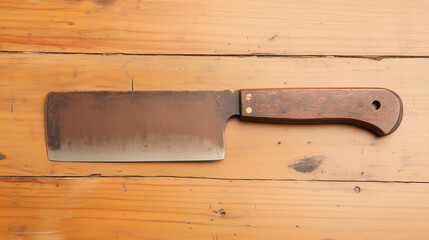 Rustic Cleaver on Wooden Surface: An old, well-used cleaver rests horizontally on a textured wooden surface, bathed in natural light, showcasing its age and craftsmanship.
