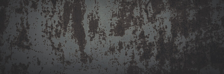 Old rusted metal texture. Rusty iron wall. Rough faded metal surface with spots, noise and grain. Dark wide panoramic background for grunge design. Shaded vintage texture with vignette.